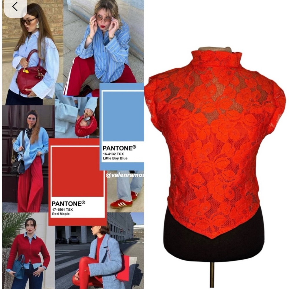 Vintage and Vibrant Orange Lace Top stand collar buttons in back size 4-6